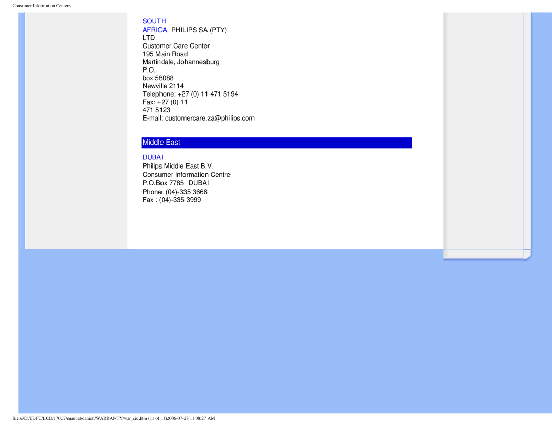 Philips 170C7 user manual South, Dubai 