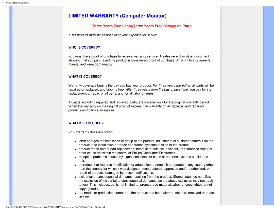 Philips 170C7 user manual Limited Warranty Computer Monitor, Three Years Free Labor/Three Years Free Service on Parts 