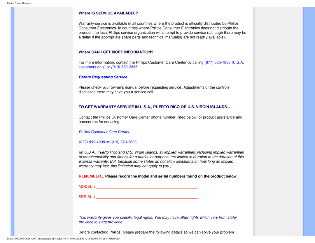 Philips 170C7 user manual Before Requesting Service 