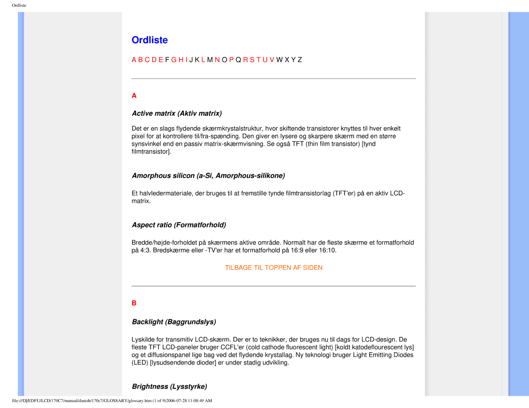 Philips 170C7 user manual Ordliste 