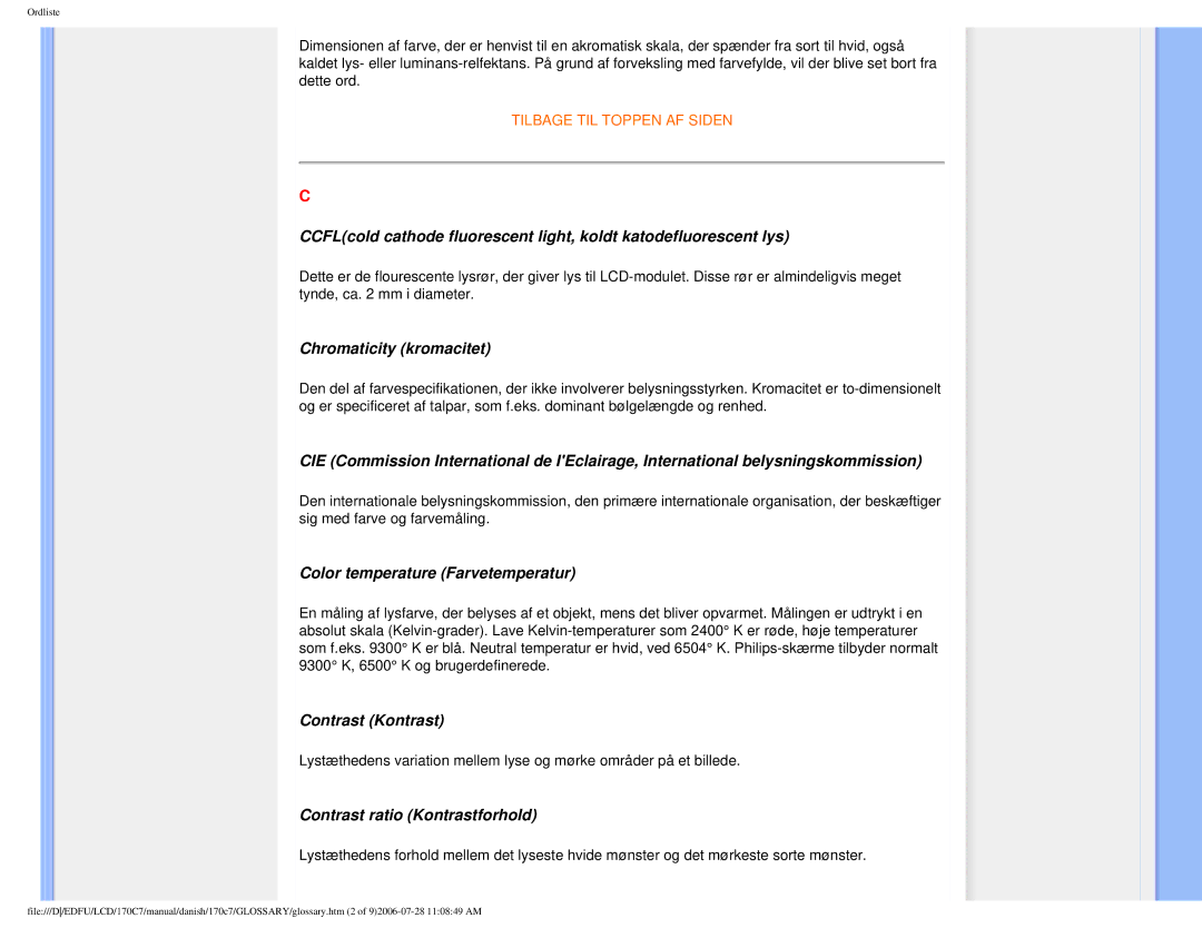 Philips 170C7 user manual Chromaticity kromacitet, Color temperature Farvetemperatur, Contrast Kontrast 