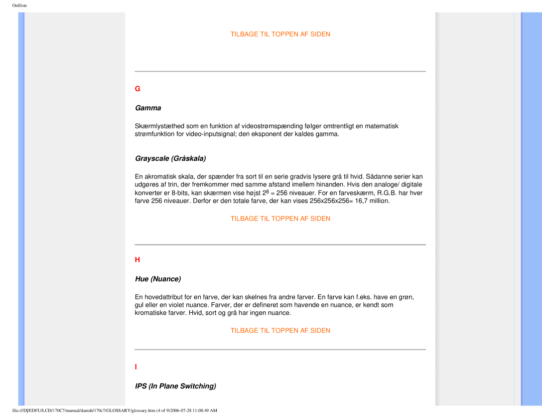 Philips 170C7 user manual Gamma, Grayscale Gråskala, Hue Nuance, IPS In Plane Switching 