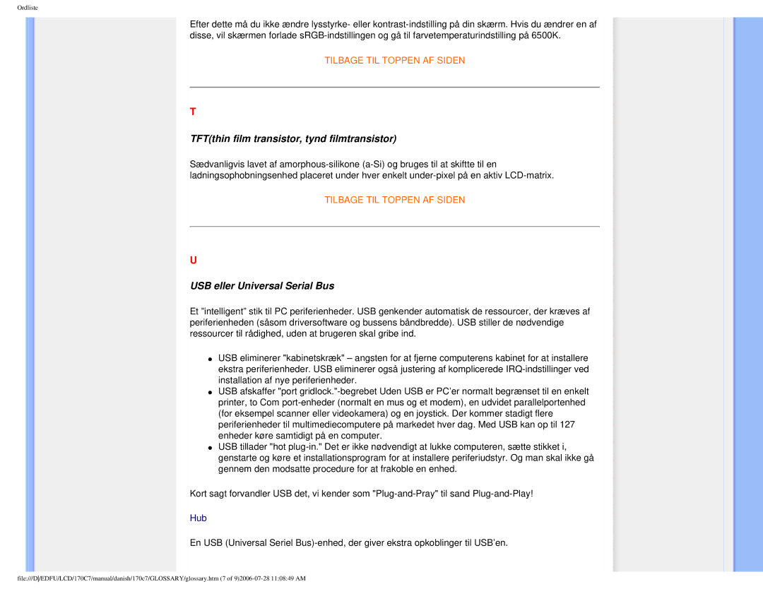 Philips 170C7 user manual TFTthin film transistor, tynd filmtransistor, USB eller Universal Serial Bus 