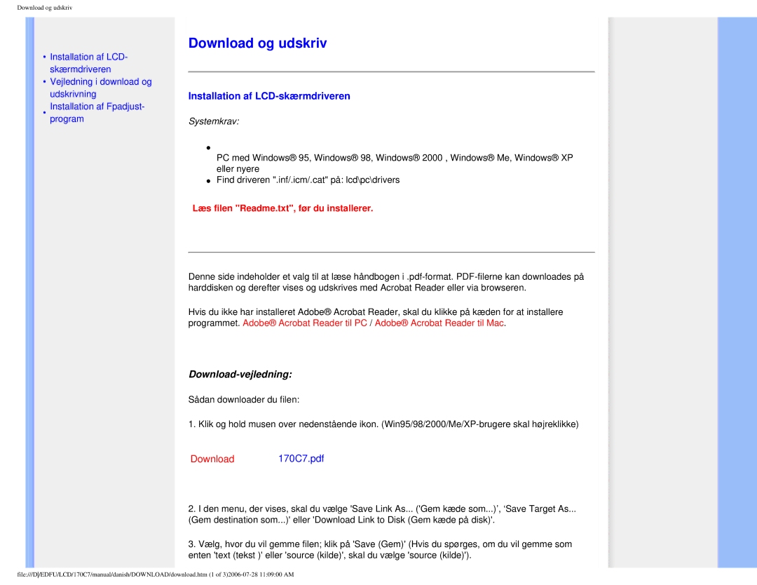 Philips 170C7 user manual Download og udskriv, Installation af LCD-skærmdriveren, Download-vejledning 