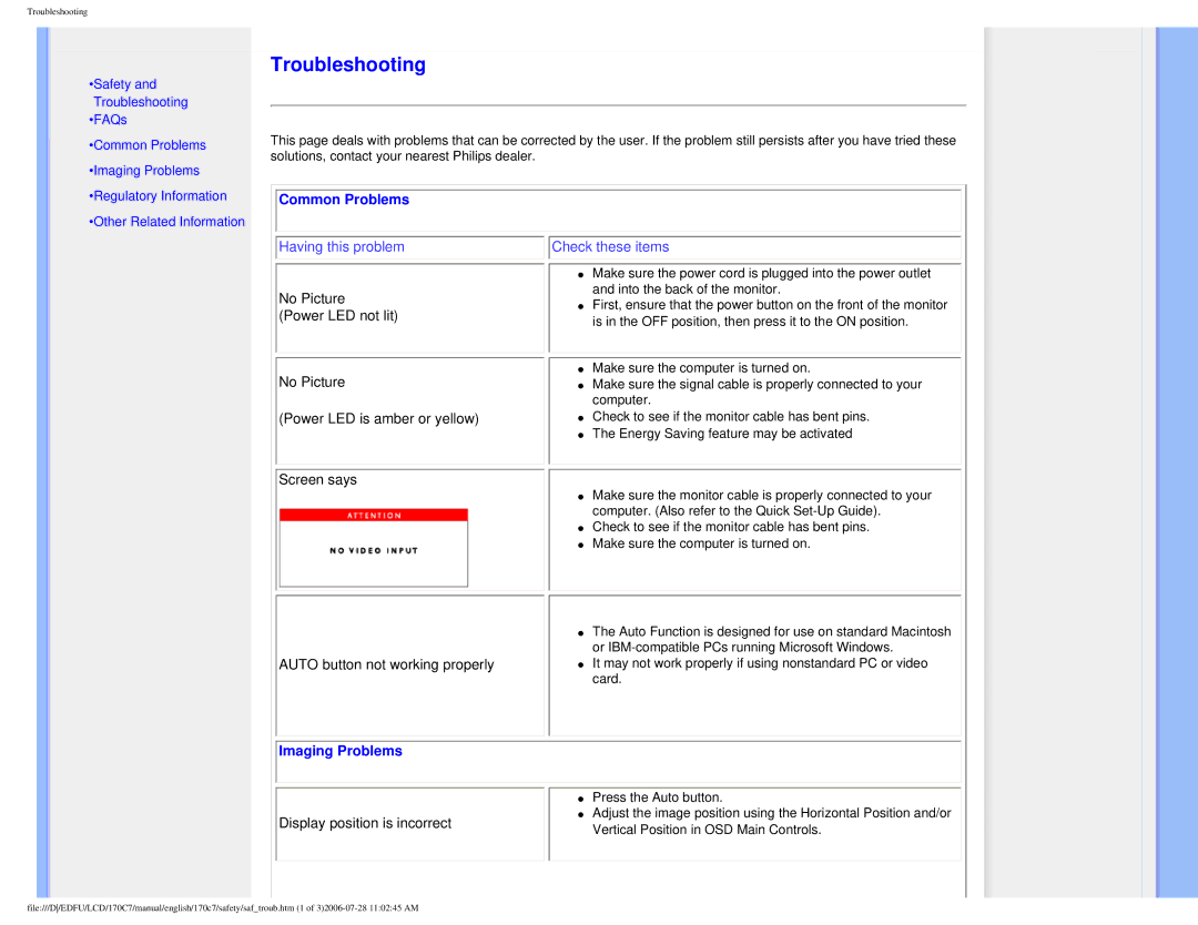 Philips 170C7 user manual Common Problems, Imaging Problems 