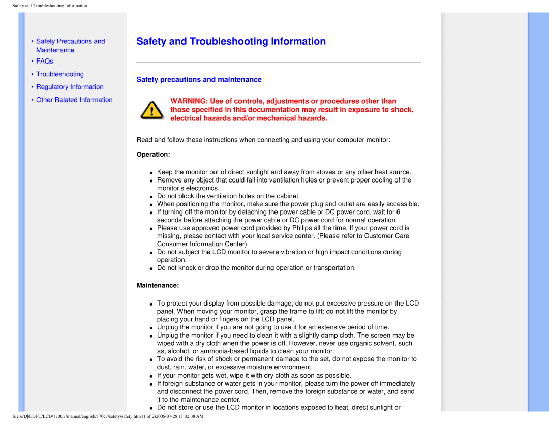 Philips 170C7 Safety and Troubleshooting Information, Safety precautions and maintenance, Operation, Maintenance 