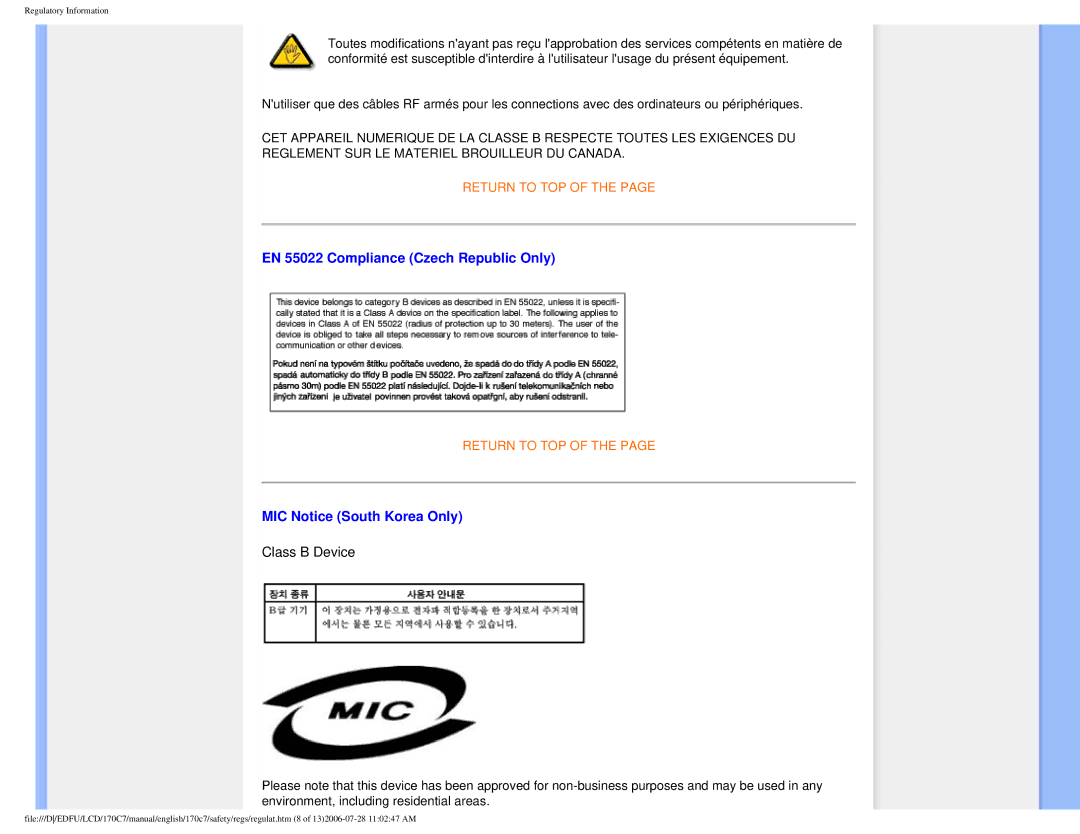 Philips 170C7 user manual EN 55022 Compliance Czech Republic Only, MIC Notice South Korea Only 