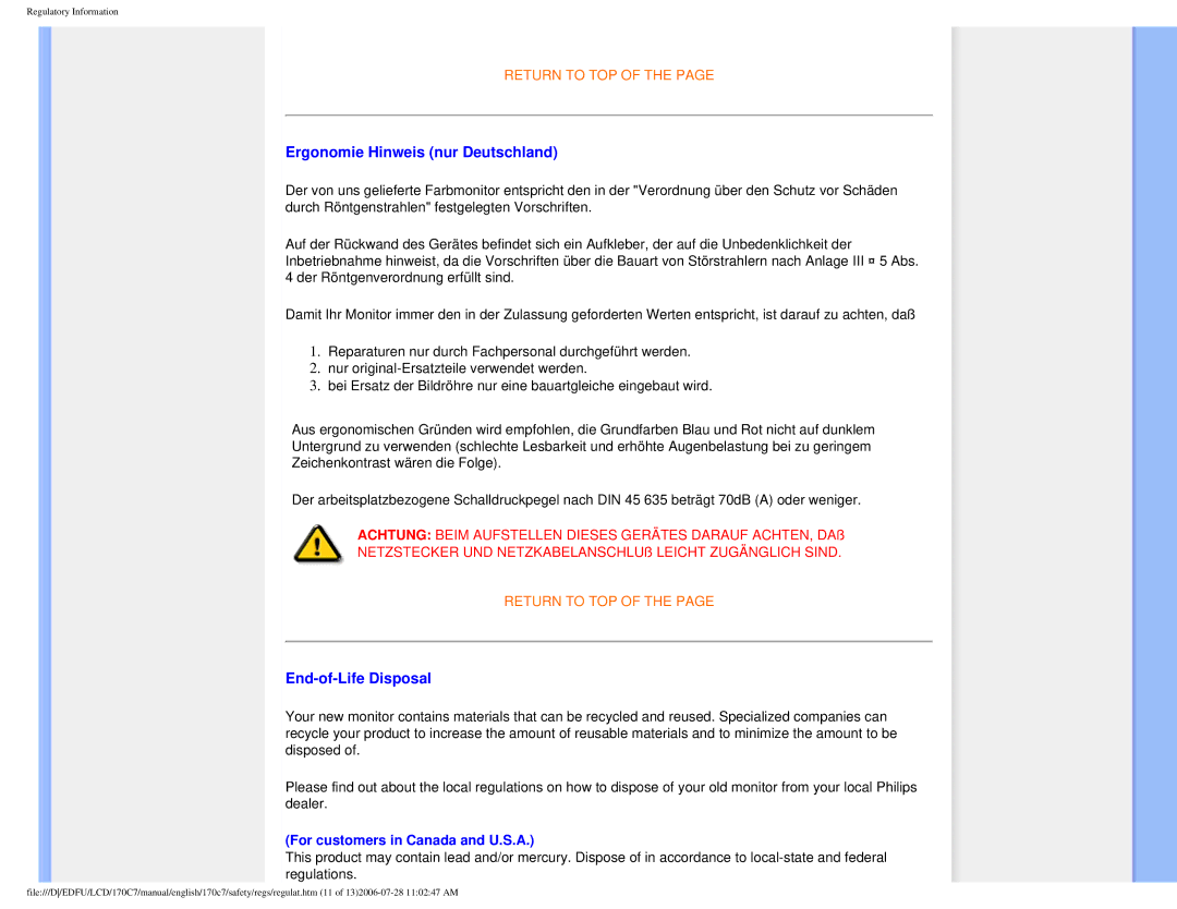 Philips 170C7 user manual Ergonomie Hinweis nur Deutschland, End-of-Life Disposal 