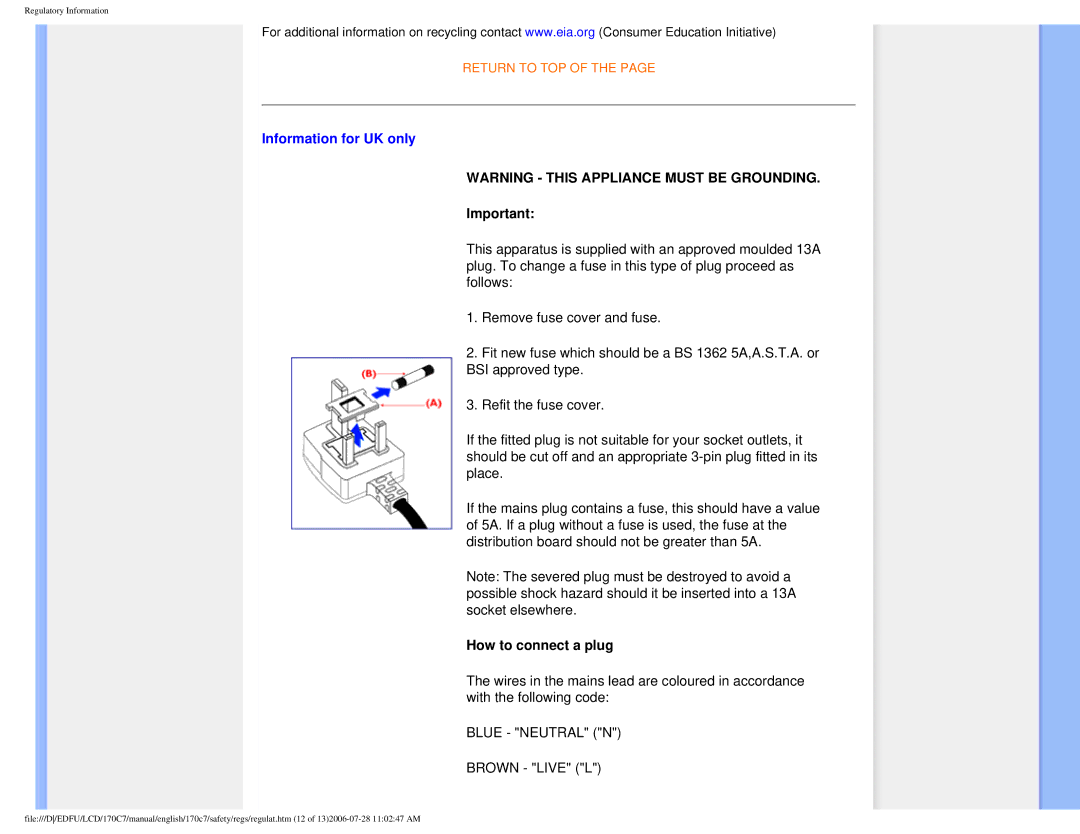 Philips 170C7 user manual Information for UK only, How to connect a plug 