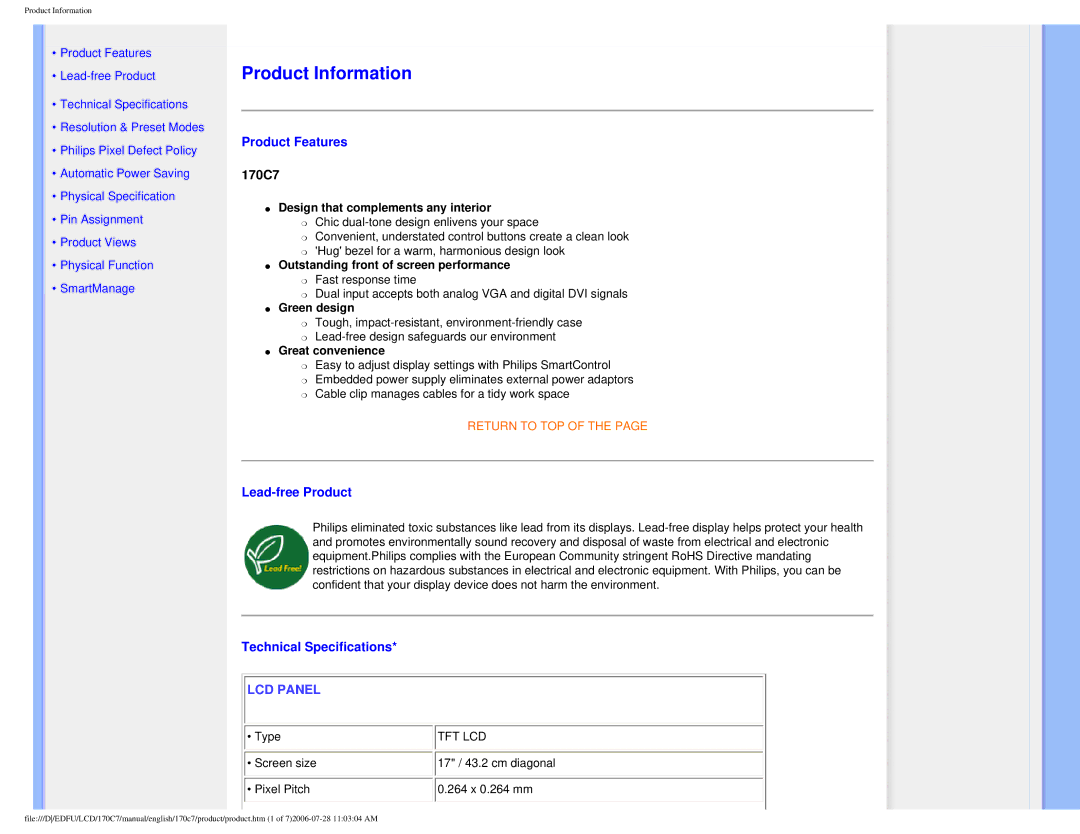 Philips 170C7 user manual Product Features, Lead-free Product, Technical Specifications 