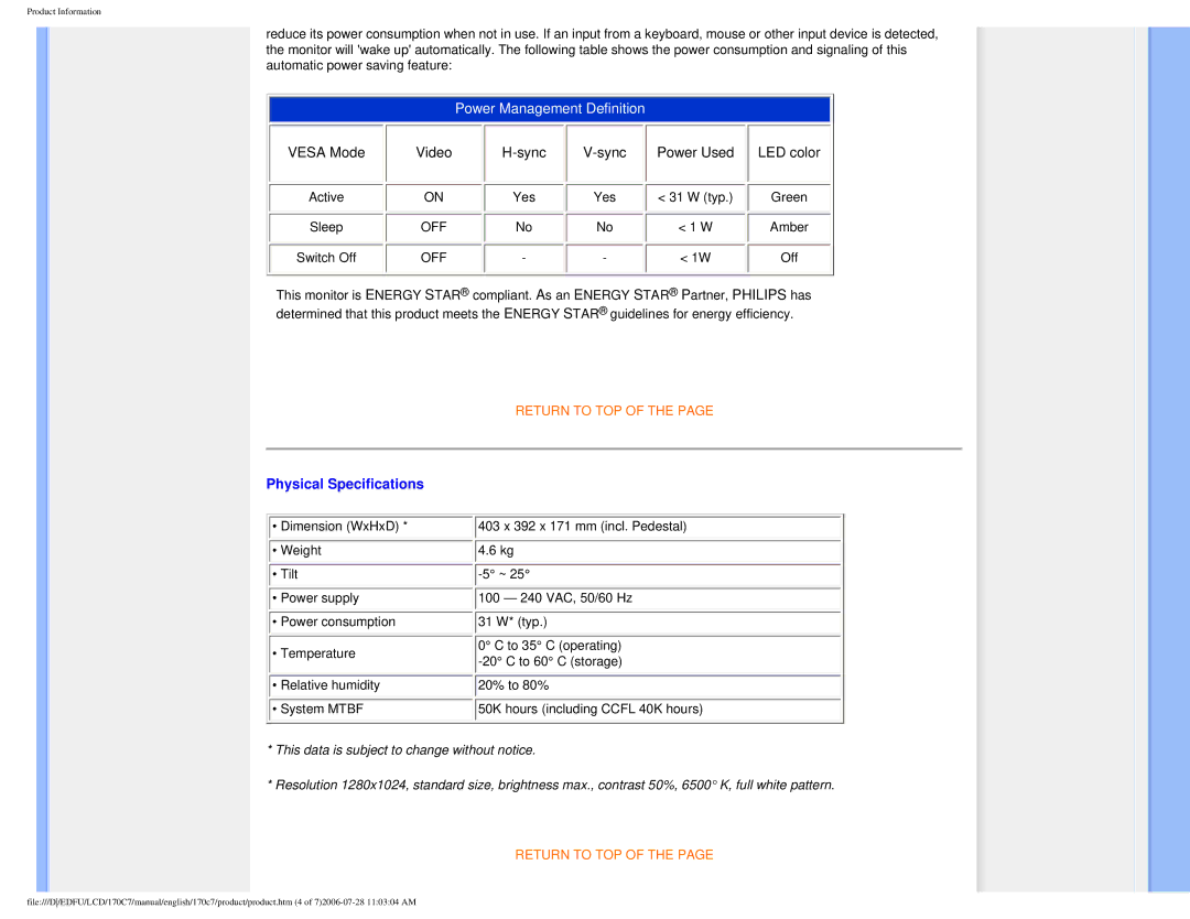 Philips 170C7 user manual Power Management Definition, Physical Specifications 