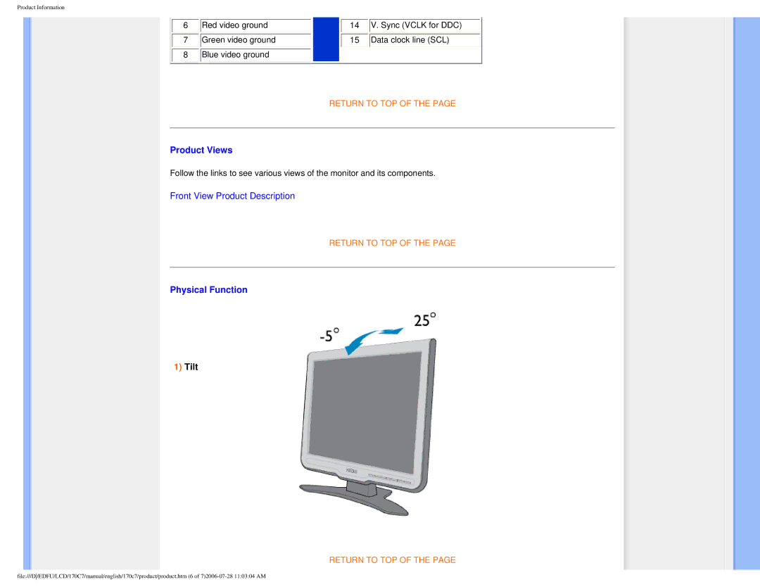 Philips 170C7 user manual Product Views, Physical Function, Tilt 