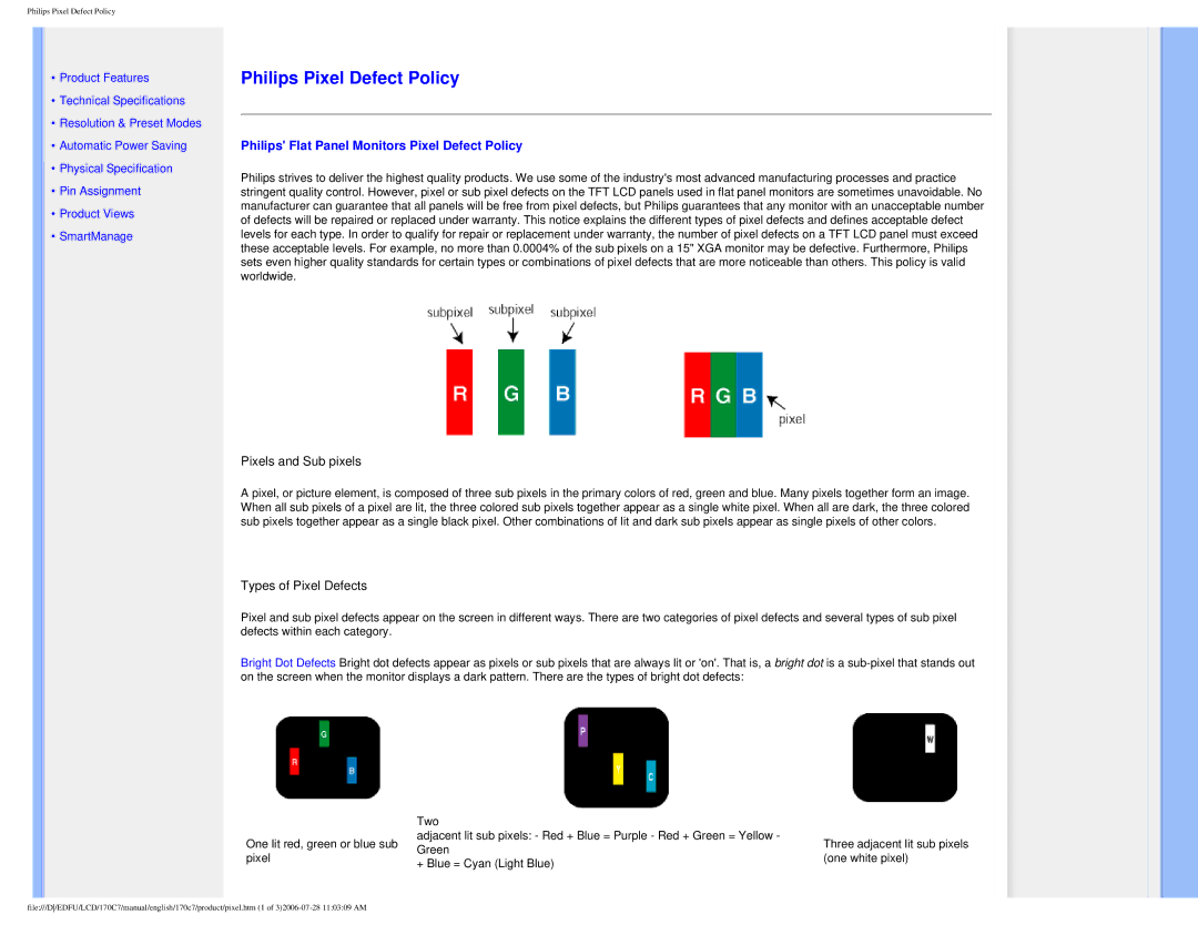 Philips 170C7 user manual Philips Pixel Defect Policy 