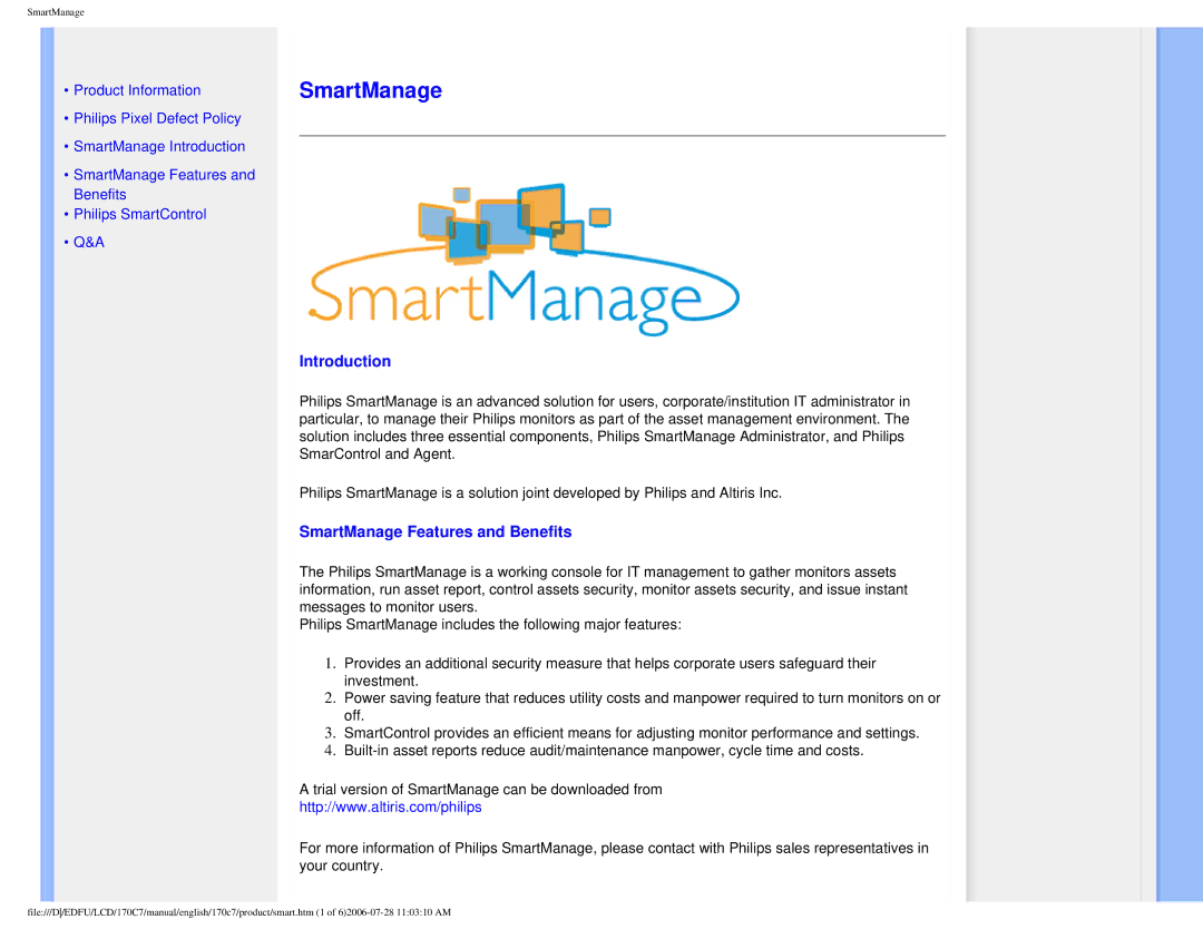 Philips 170C7 user manual Introduction, SmartManage Features and Benefits 