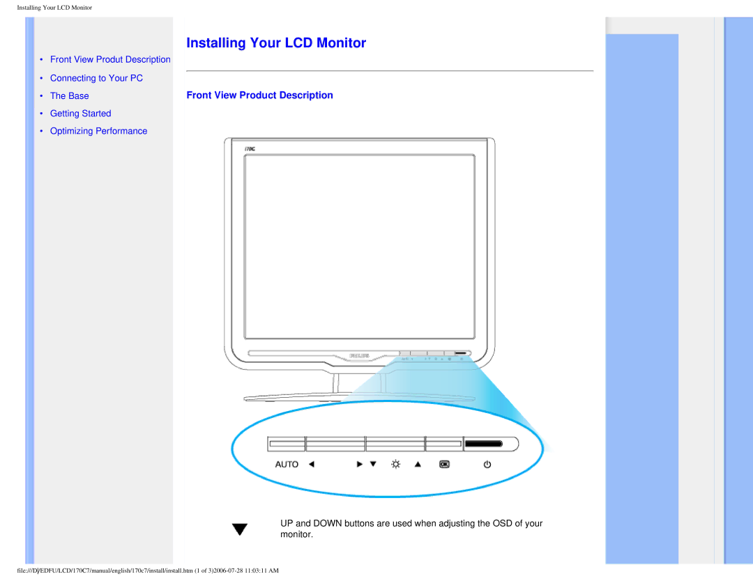 Philips 170C7 user manual Installing Your LCD Monitor, Front View Product Description 