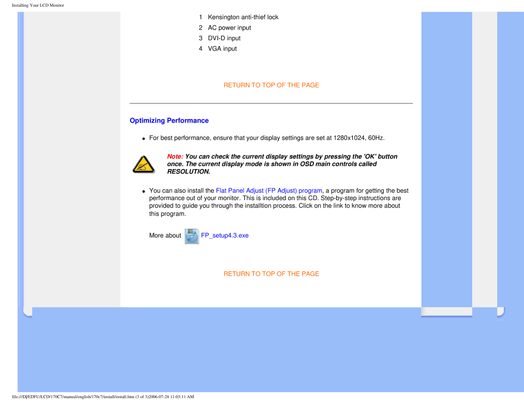 Philips 170C7 user manual Optimizing Performance, Resolution 