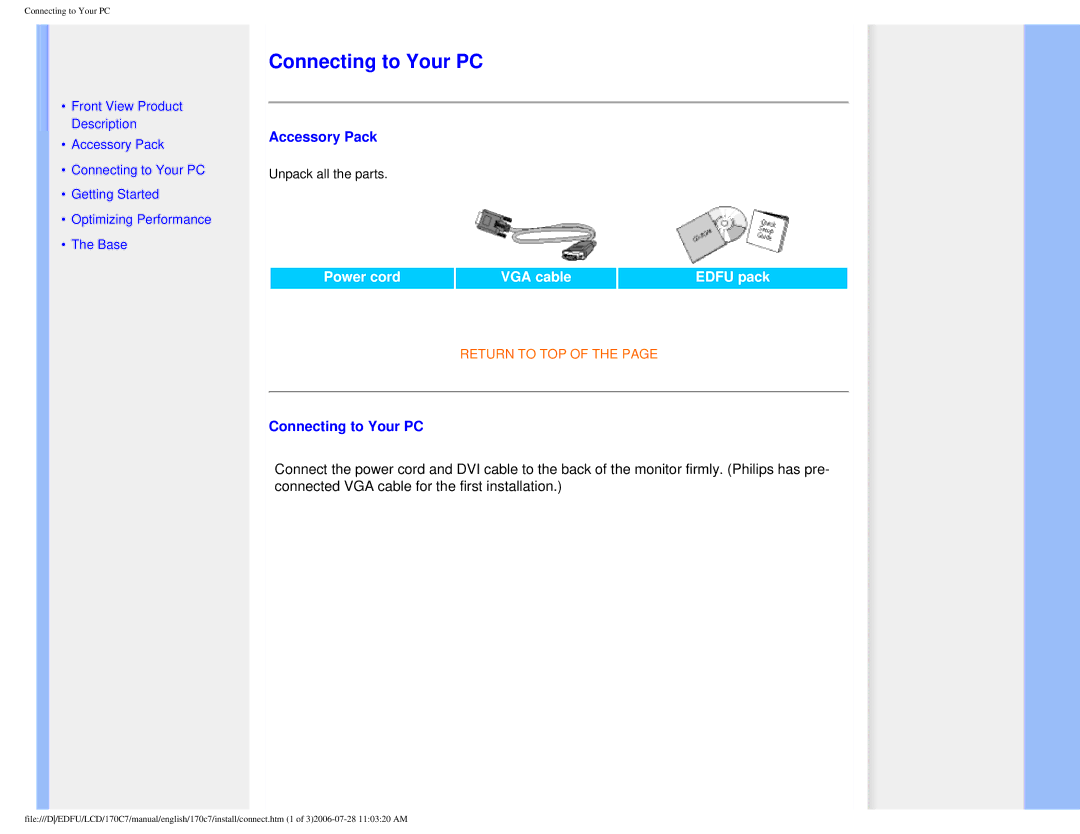 Philips 170C7 user manual Connecting to Your PC, Accessory Pack 