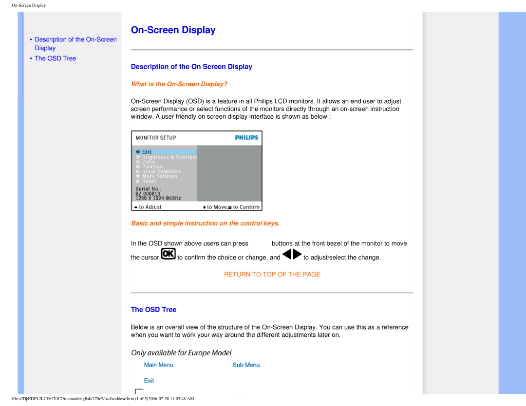 Philips 170C7 user manual On-Screen Display, Description of the On Screen Display, OSD Tree 