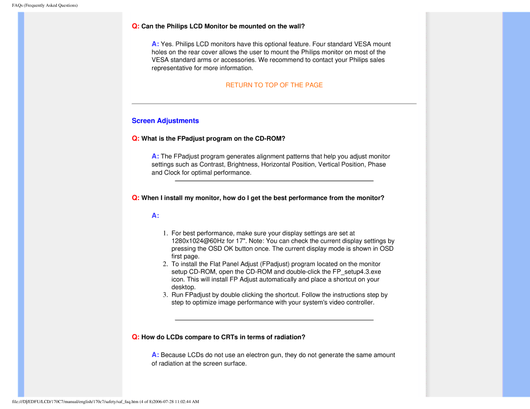 Philips 170C7 user manual Screen Adjustments, Can the Philips LCD Monitor be mounted on the wall? 