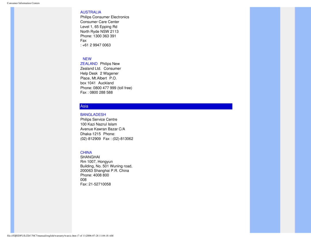 Philips 170C7 user manual Australia, New, Bangladesh, China Shanghai 