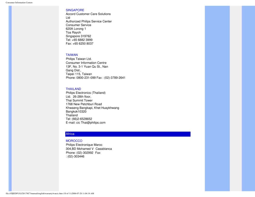 Philips 170C7 user manual Singapore, Taiwan, Thailand, Morocco 