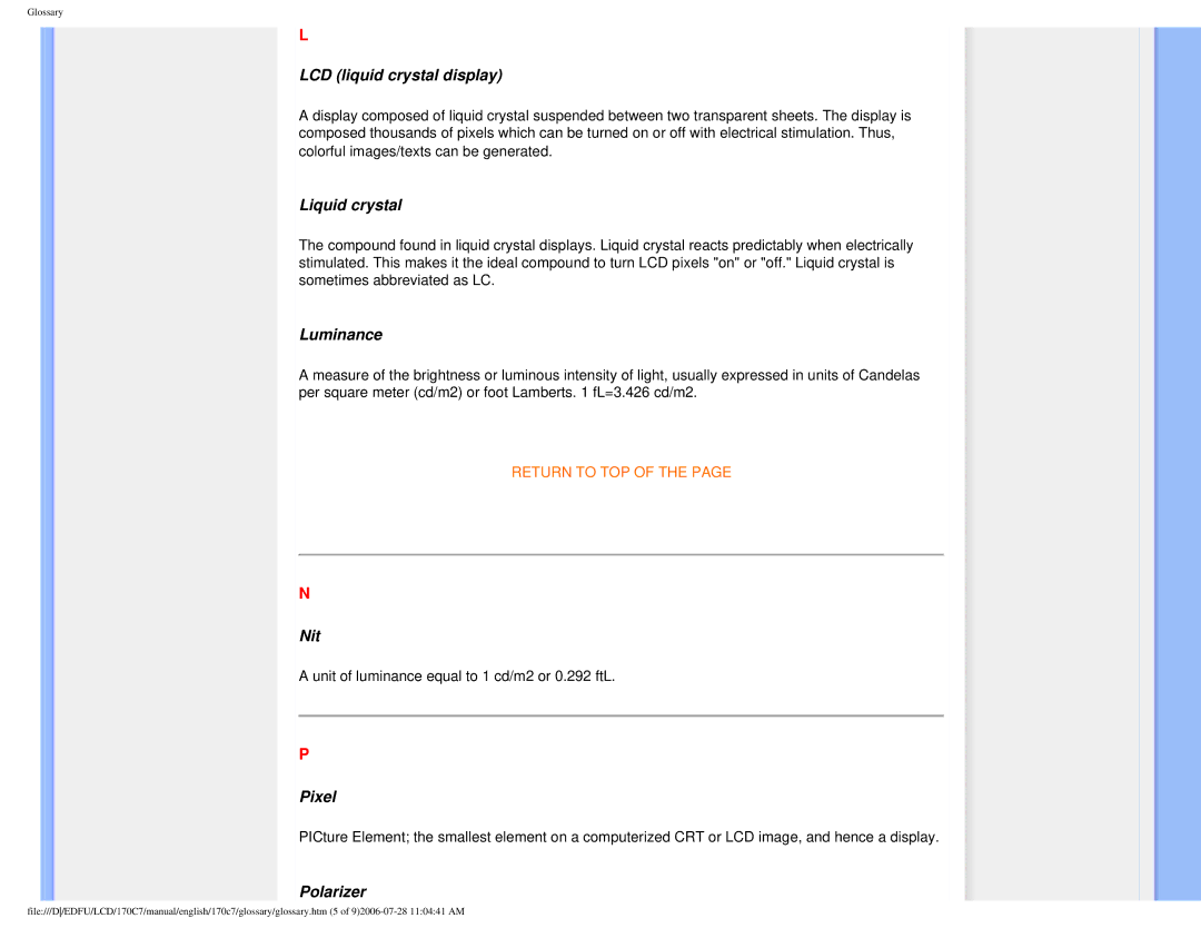 Philips 170C7 user manual LCD liquid crystal display, Liquid crystal, Luminance, Nit, Pixel, Polarizer 