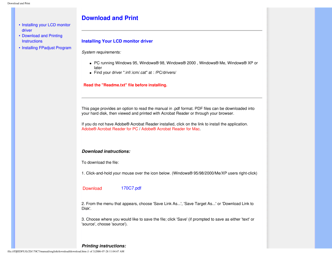Philips 170C7 Download and Print, Installing Your LCD monitor driver, Download instructions, Printing instructions 