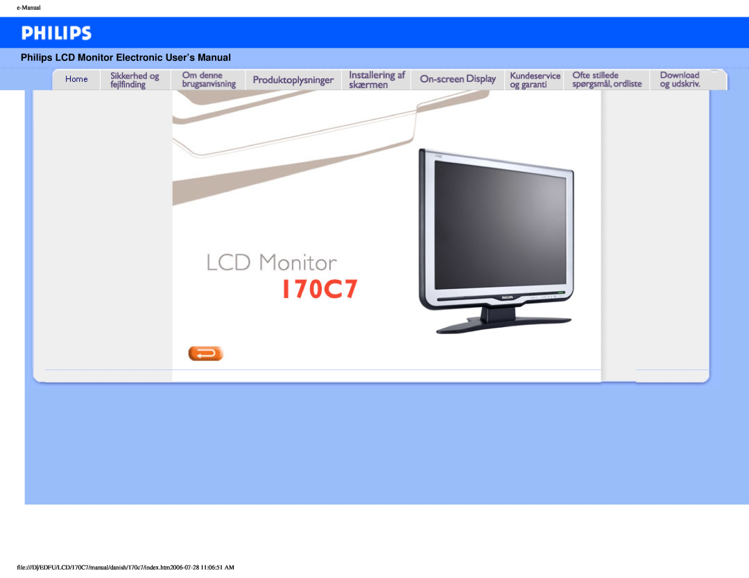 Philips 170C7 user manual Philips LCD Monitor Electronic User’s Manual, e-Manual 