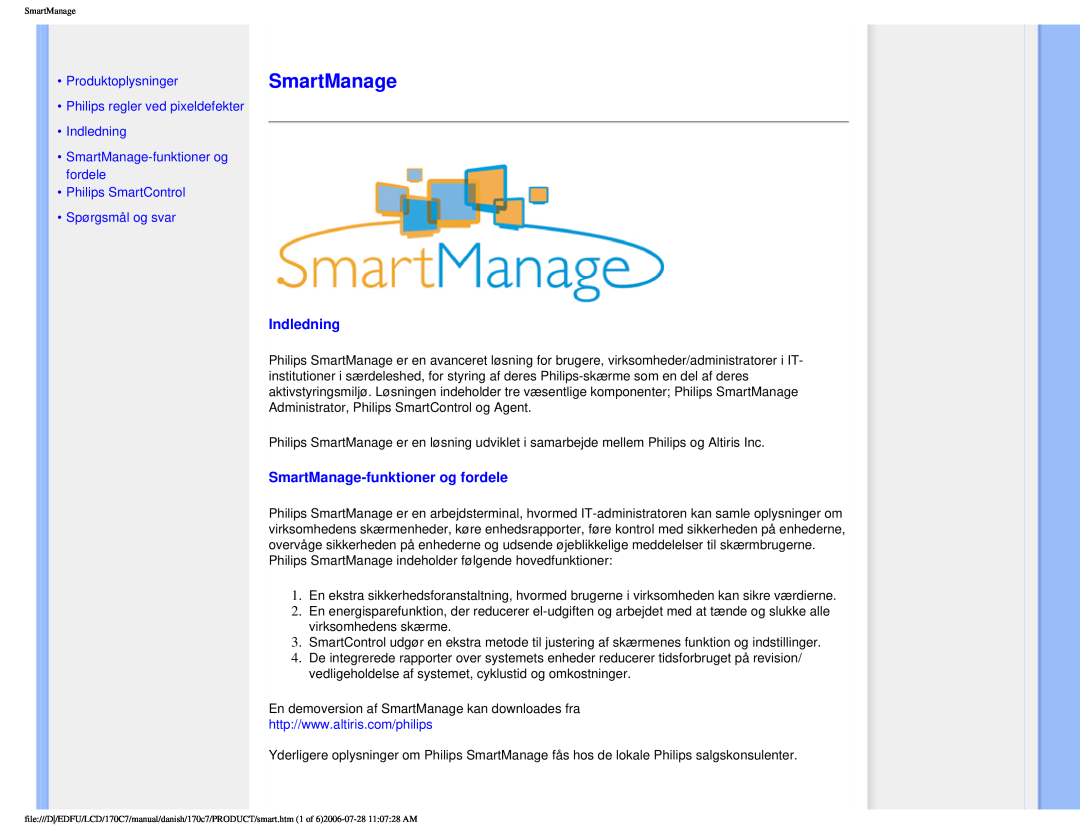Philips 170C7 user manual Indledning, •Produktoplysninger, •SmartManage-funktionerog fordele 