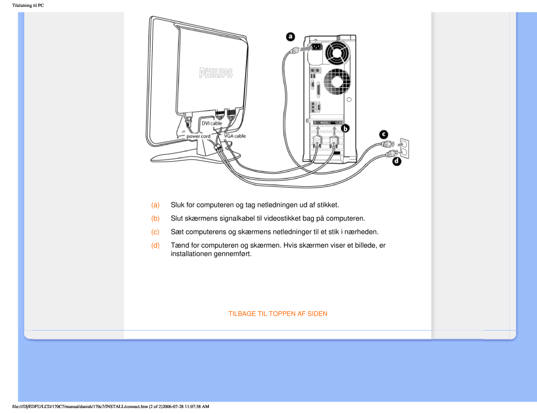 Philips 170C7 user manual Tilslutning til PC 