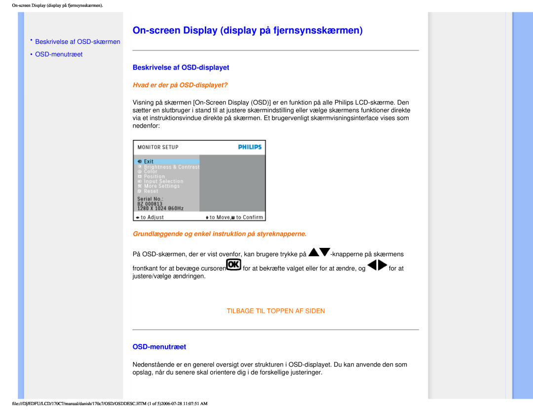 Philips 170C7 user manual On-screenDisplay display på fjernsynsskærmen, Beskrivelse af OSD-displayet, OSD-menutræet 