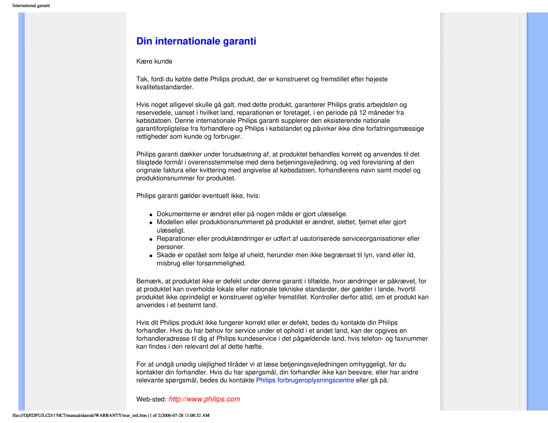 Philips 170C7 user manual Din internationale garanti 