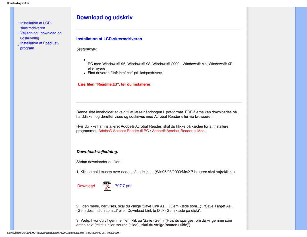 Philips Download og udskriv, Installation af LCD-skærmdriveren, Download-vejledning, Download 170C7.pdf, Systemkrav 