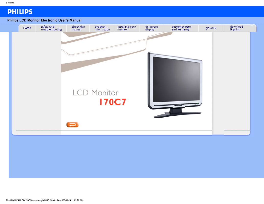 Philips 170C7 user manual Philips LCD Monitor Electronic User’s Manual, e-Manual 