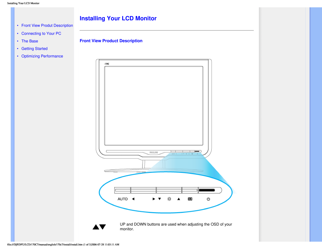 Philips 170C7 user manual Installing Your LCD Monitor, Front View Product Description, Front View Produt Description 