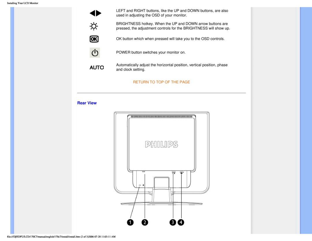 Philips 170C7 user manual Rear View, Return To Top Of The Page 