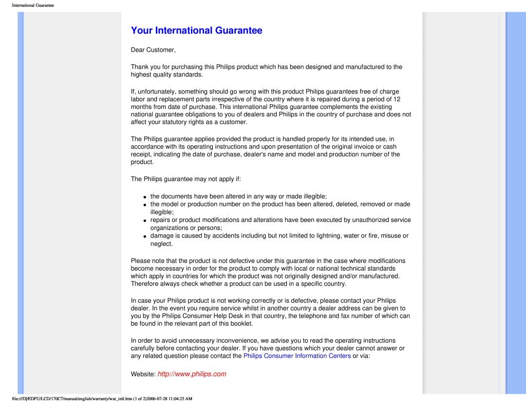 Philips 170C7 user manual Your International Guarantee 