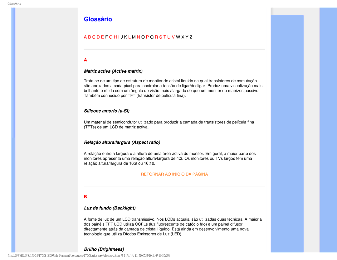 Philips 170C8-EDFU user manual Glossário 
