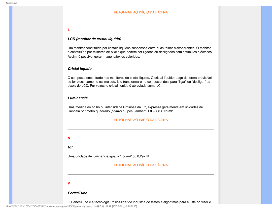 Philips 170C8-EDFU user manual LCD monitor de cristal líquido, Cristal líquido, Luminância, Nit, PerfecTune 
