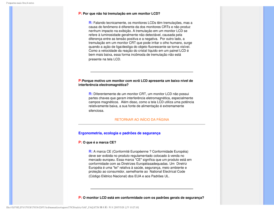 Philips 170C8-EDFU user manual Ergonometria, ecologia e padrões de segurança, Por que não há tremulação em um monitor LCD? 