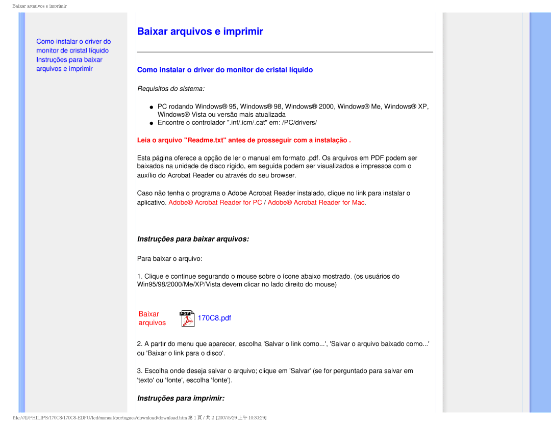 Philips 170C8-EDFU user manual Baixar arquivos e imprimir, Como instalar o driver do monitor de cristal líquido 