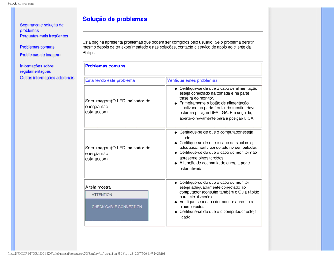 Philips 170C8-EDFU user manual Solução de problemas, Problemas comuns 