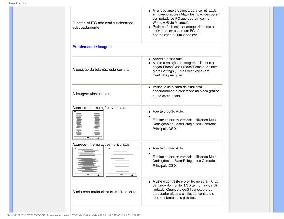 Philips 170C8-EDFU user manual Problemas de imagem 