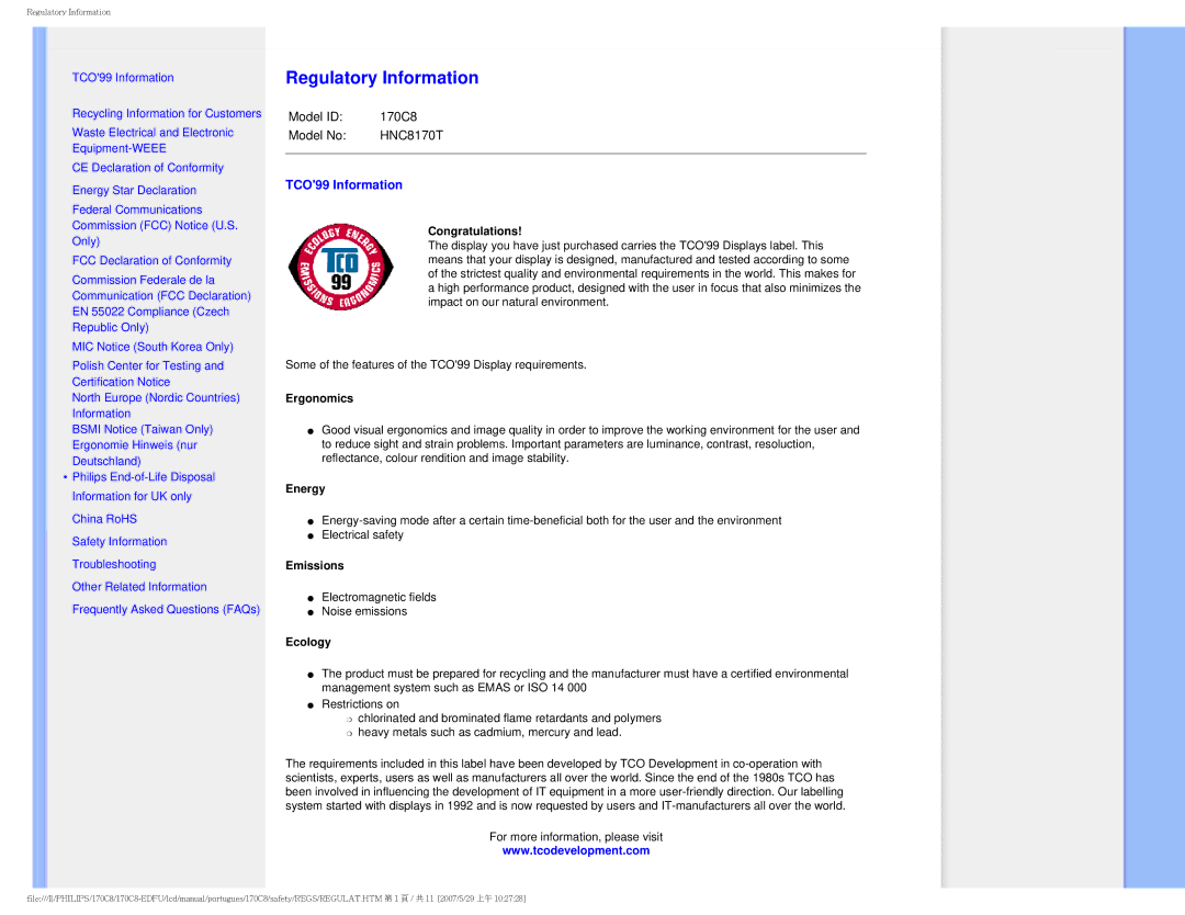 Philips 170C8-EDFU user manual Regulatory Information, TCO99 Information 