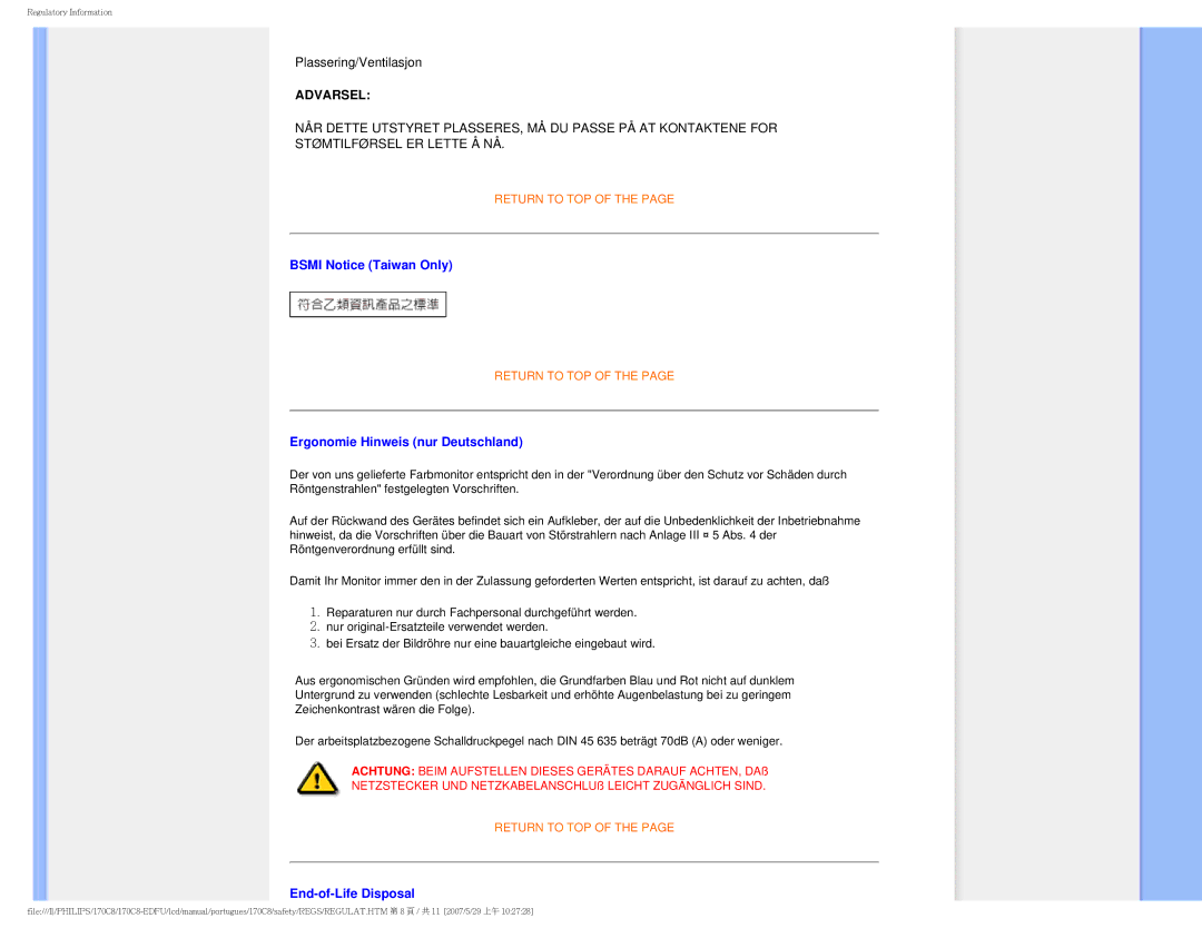 Philips 170C8-EDFU user manual Bsmi Notice Taiwan Only, Ergonomie Hinweis nur Deutschland, End-of-Life Disposal 