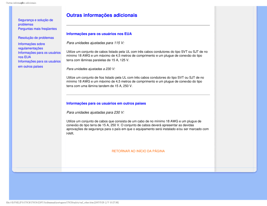 Philips 170C8-EDFU user manual Outras informações adicionais, Informações para os usuários nos EUA 