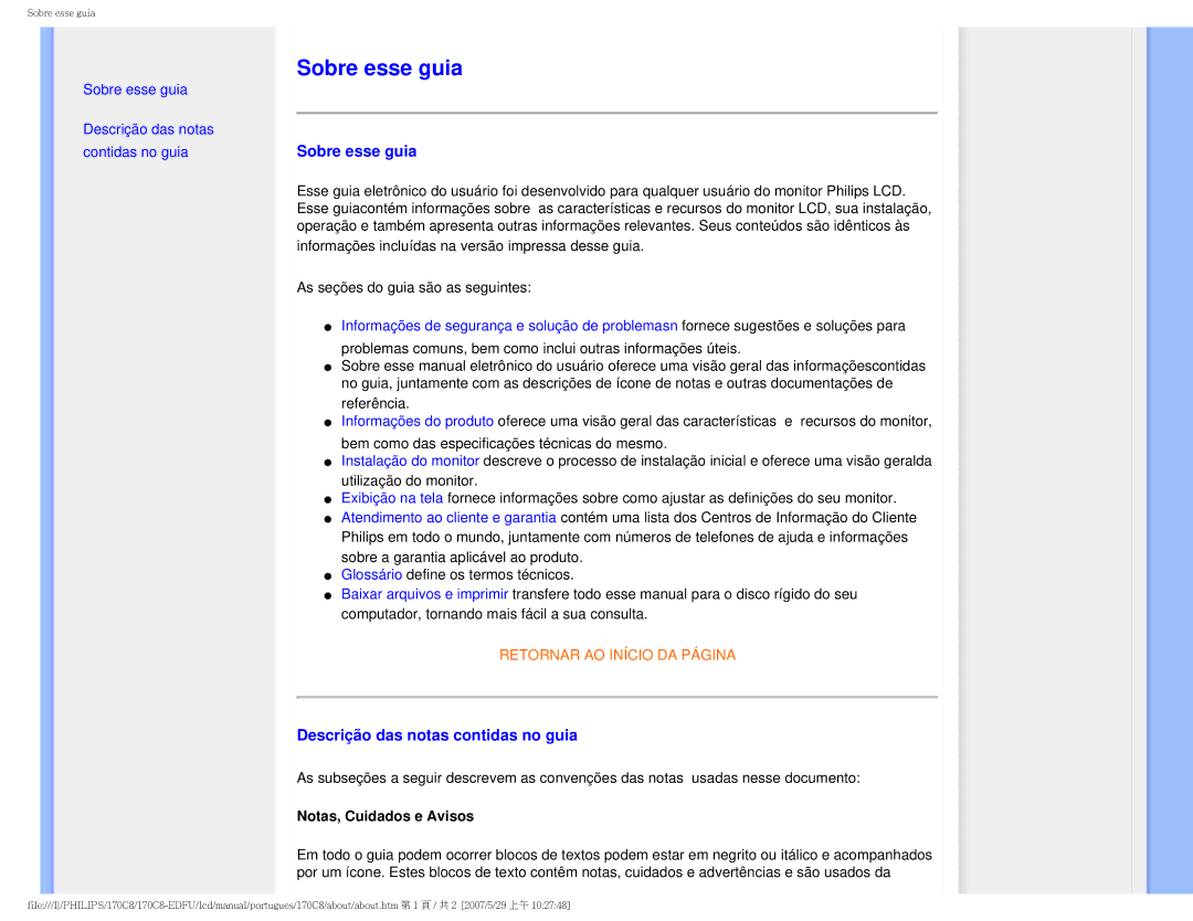 Philips 170C8-EDFU user manual Sobre esse guia, Descrição das notas contidas no guia, Notas, Cuidados e Avisos 