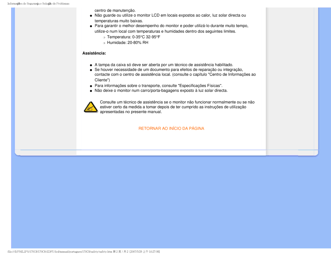 Philips 170C8-EDFU user manual Assistência, Retornar AO Início DA Página 