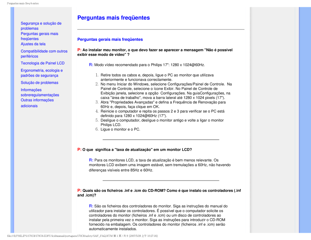 Philips 170C8-EDFU user manual Perguntas mais freqüentes, Perguntas gerais mais freqüentes 