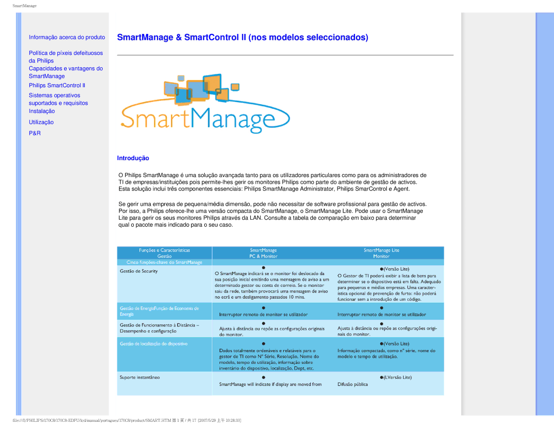 Philips 170C8-EDFU user manual SmartManage & SmartControl II nos modelos seleccionados, Introdução 